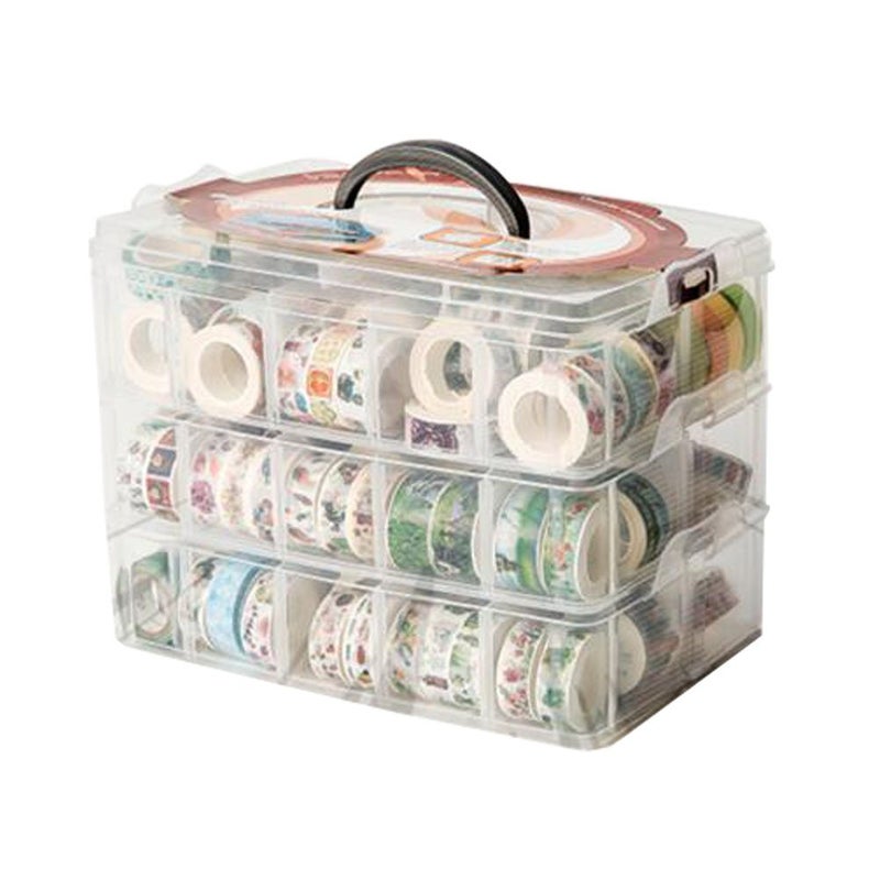 HomDSim Washi Tape Box Organizer Storage,Divider Closet Container,with 30 Adjustable Compartments,Clear,Masking Tape Desktop Tape DIY Sticker Roll Tape Cutter Holder Storage,Finger Safty Dispenser - Image 1